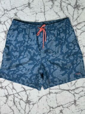 HUK Blue Camo Swim Trunks with Coral Drawcord Men’s M